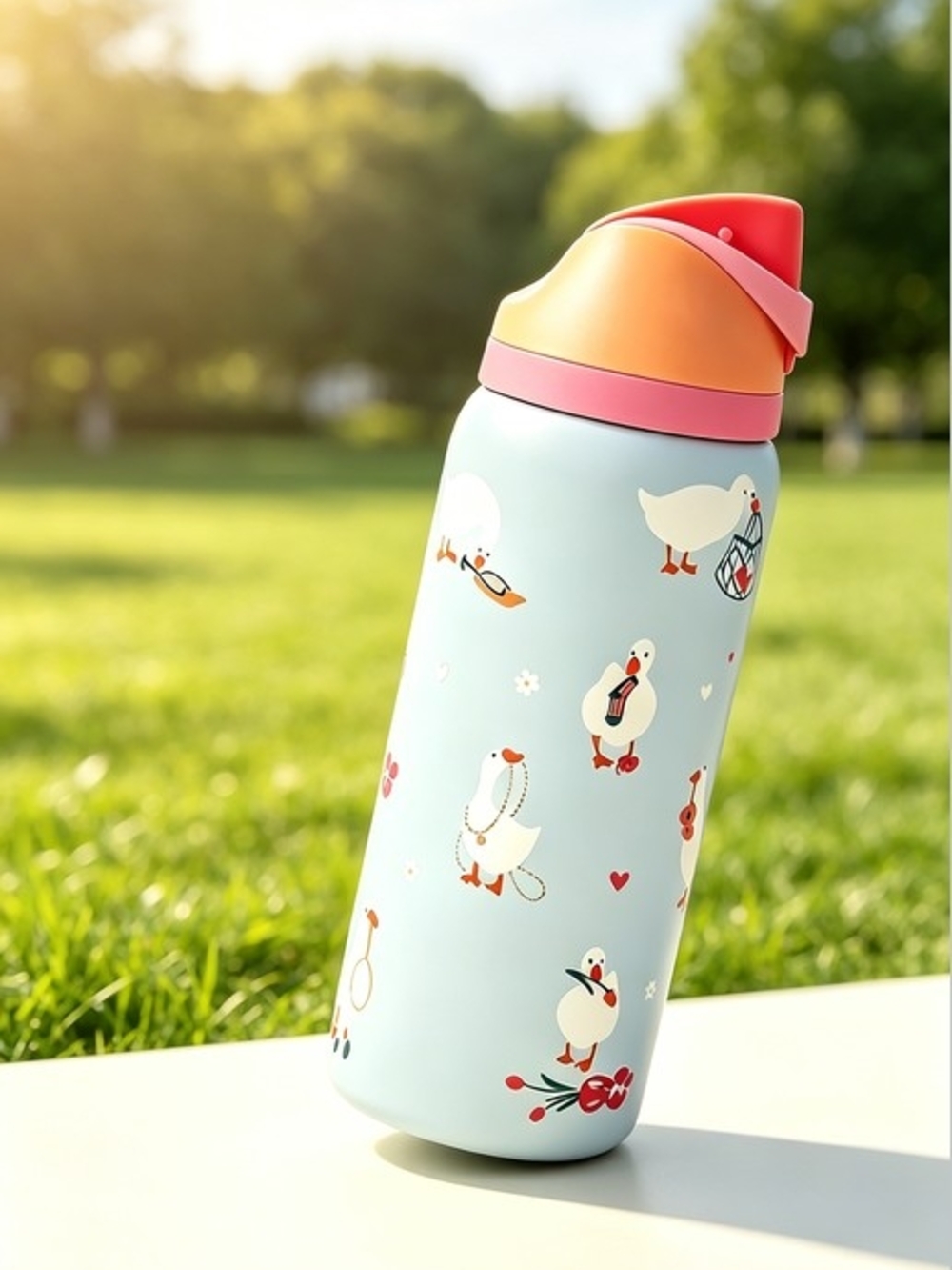 Cute Duck Print Stainless Water Bottle - Pastel Blue with Pink/Orange Lid